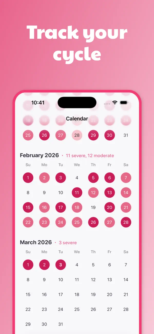 EndoTracker calendar with color-coded cycle and symptom severity days