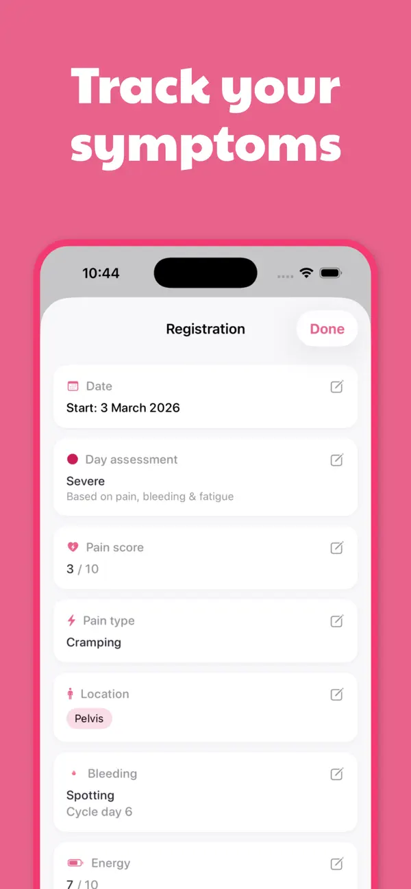 EndoTracker registration screen for pain score, pain type, location, bleeding, and energy