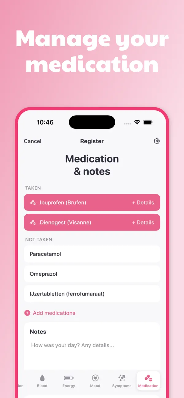 EndoTracker medication and notes screen showing taken and not taken medicines