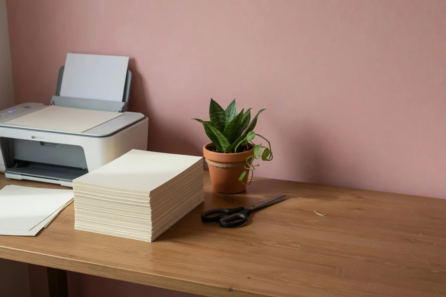 Desk with a printer, a stack of blank cream paper, a plant, and scissors against a pink wall